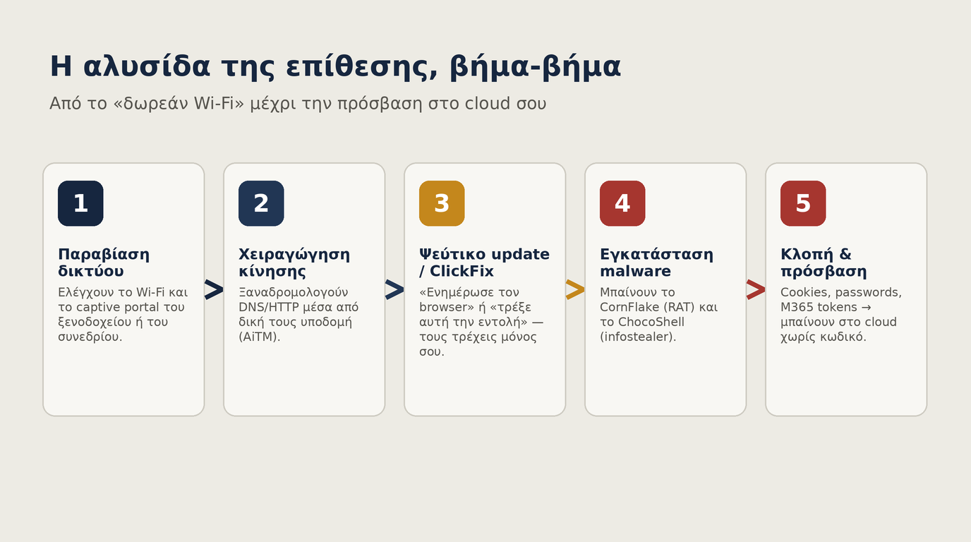 Η αλυσίδα της επίθεσης CaptiveCrunch σε πέντε βήματα, από την παραβίαση του δικτύου μέχρι την κλοπή credentials