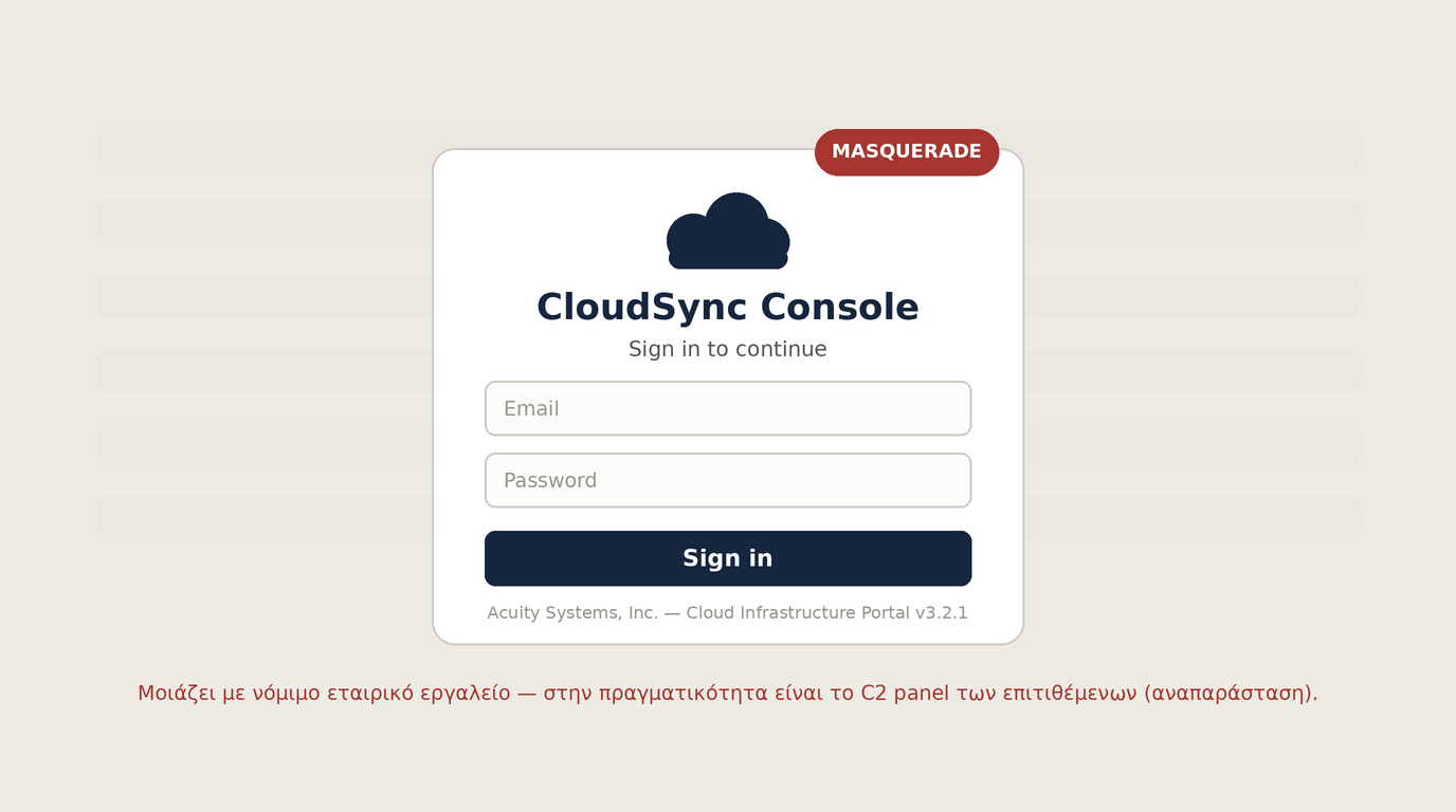 Αναπαράσταση του «CloudSync Console», του C2 panel των επιτιθέμενων μεταμφιεσμένου σε νόμιμο εταιρικό εργαλείο