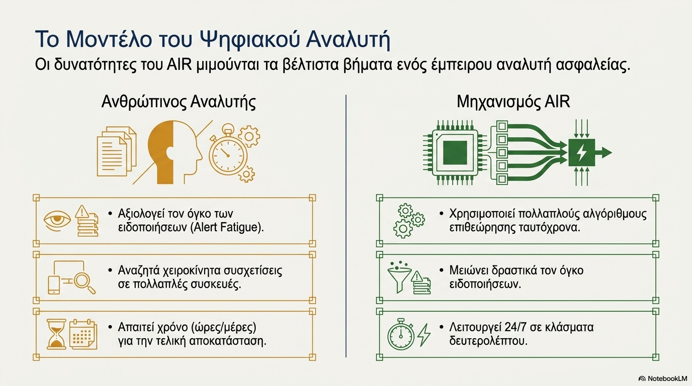 Το AIR ως ψηφιακός αναλυτής SOC που εξετάζει αυτόματα τα alerts και δρα άμεσα για την αντιμετώπιση παραβιάσεων