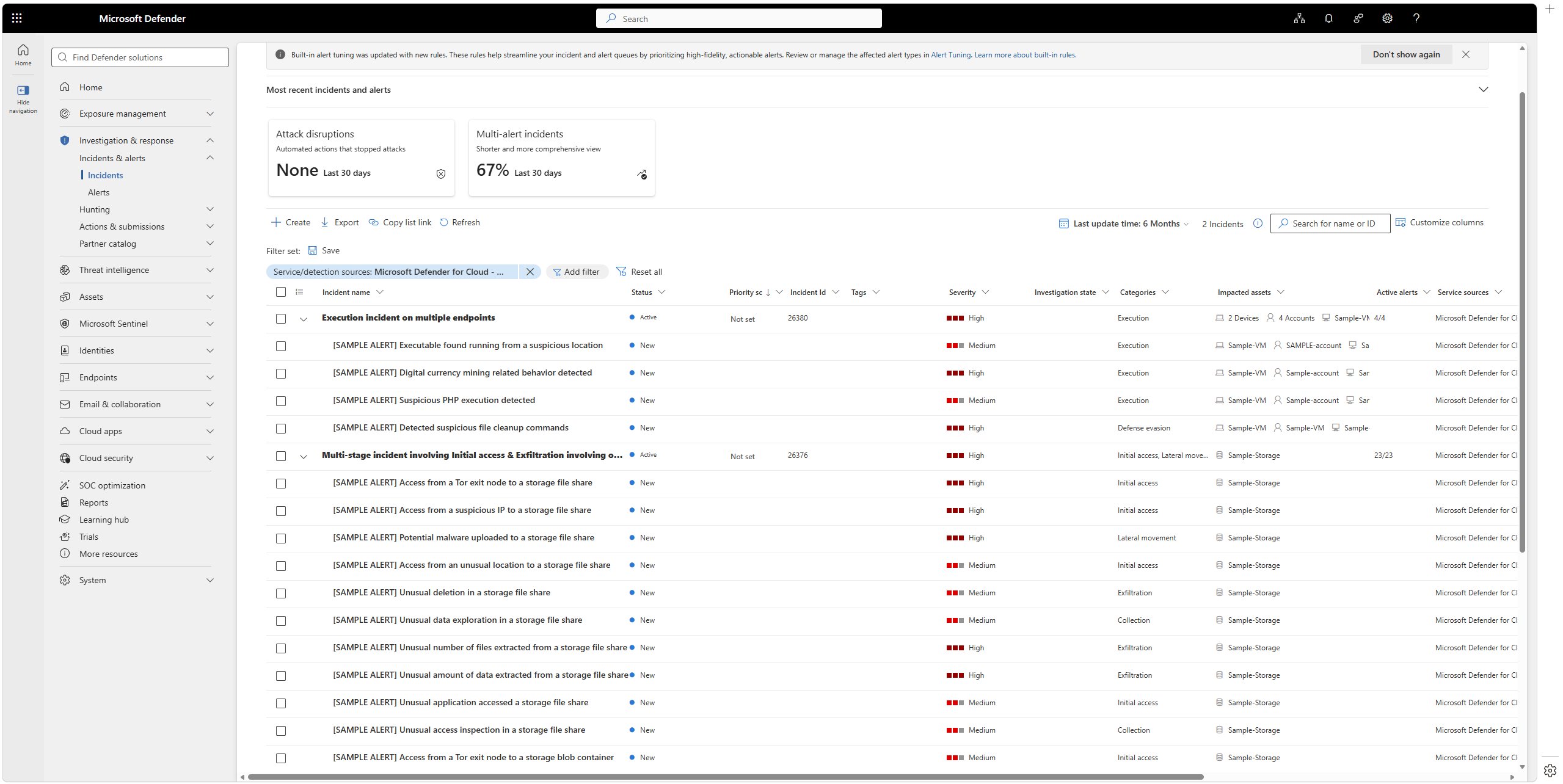 Microsoft Defender for Cloud incident displayed in the unified Microsoft Defender portal incident queue at security.microsoft.com
