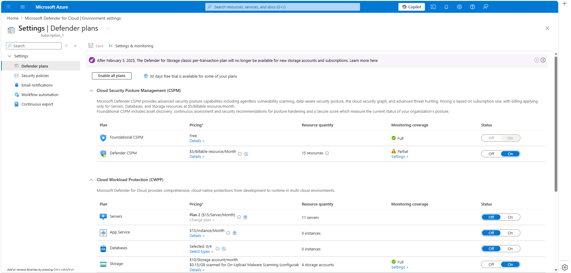 Defender for Cloud environment settings showing Defender CSPM and workload protection plans with per-resource pricing toggles