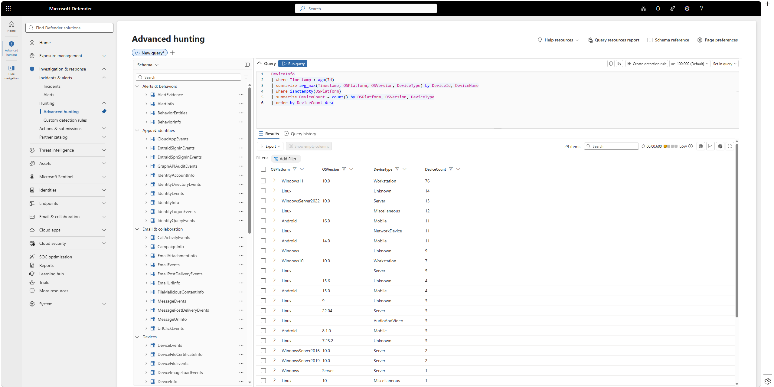 Advanced hunting in the Microsoft Defender portal, showing a KQL query against the DeviceInfo table in the query editor with the results table below breaking down device count by OS platform, OS version, and device type