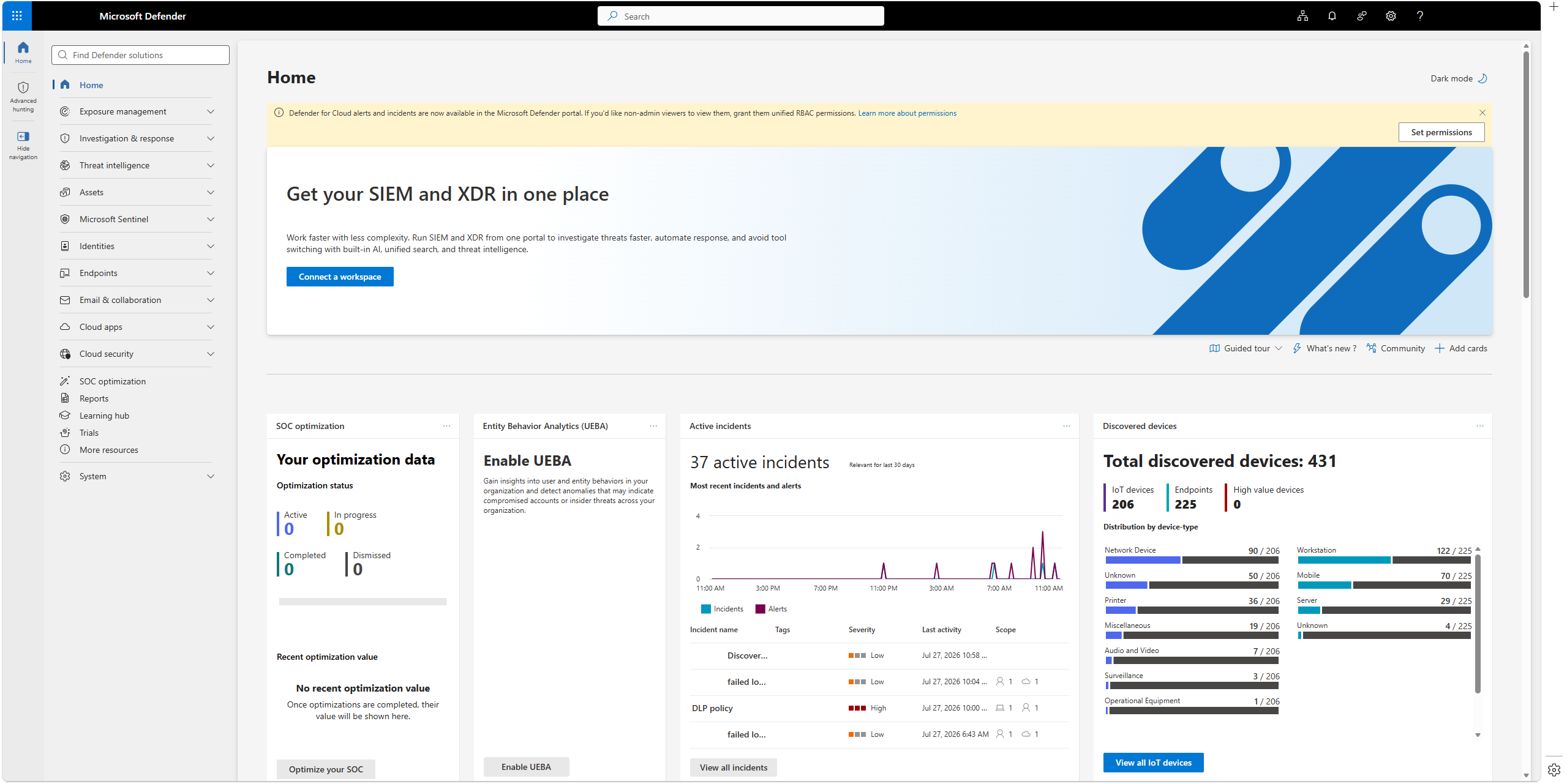 The Microsoft Defender portal home page at security.microsoft.com, showing the left navigation expanded alongside dashboard cards for active incidents, Microsoft Secure Score trend, and threat analytics