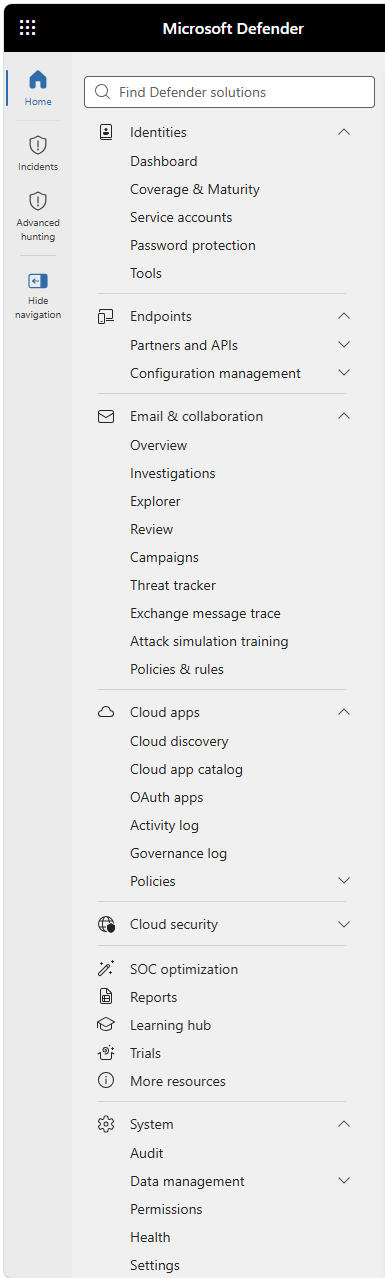 Lower section of the Microsoft Defender portal left navigation rail, showing Assets, Microsoft Sentinel, Identities, Endpoints, Email and collaboration, Cloud apps, Cloud security, SOC optimization, Reports, and System settings