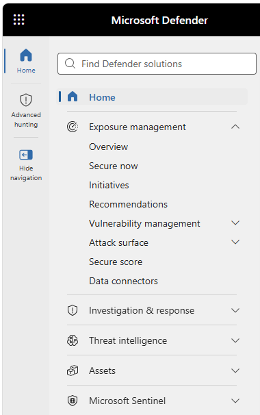 Upper section of the Microsoft Defender portal left navigation rail, showing Home, Exposure management, Investigation and response with Incidents and alerts and Hunting expanded, and Threat intelligence