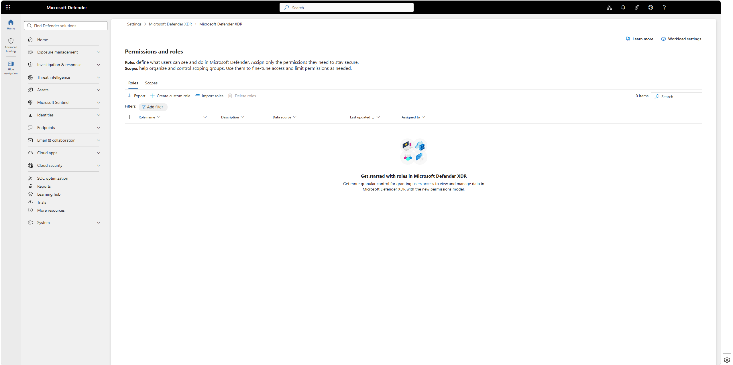 The Permissions and roles page under Settings, Microsoft Defender XDR in the Microsoft Defender portal, showing the get started prompt for activating the Microsoft Defender XDR Unified RBAC permissions model