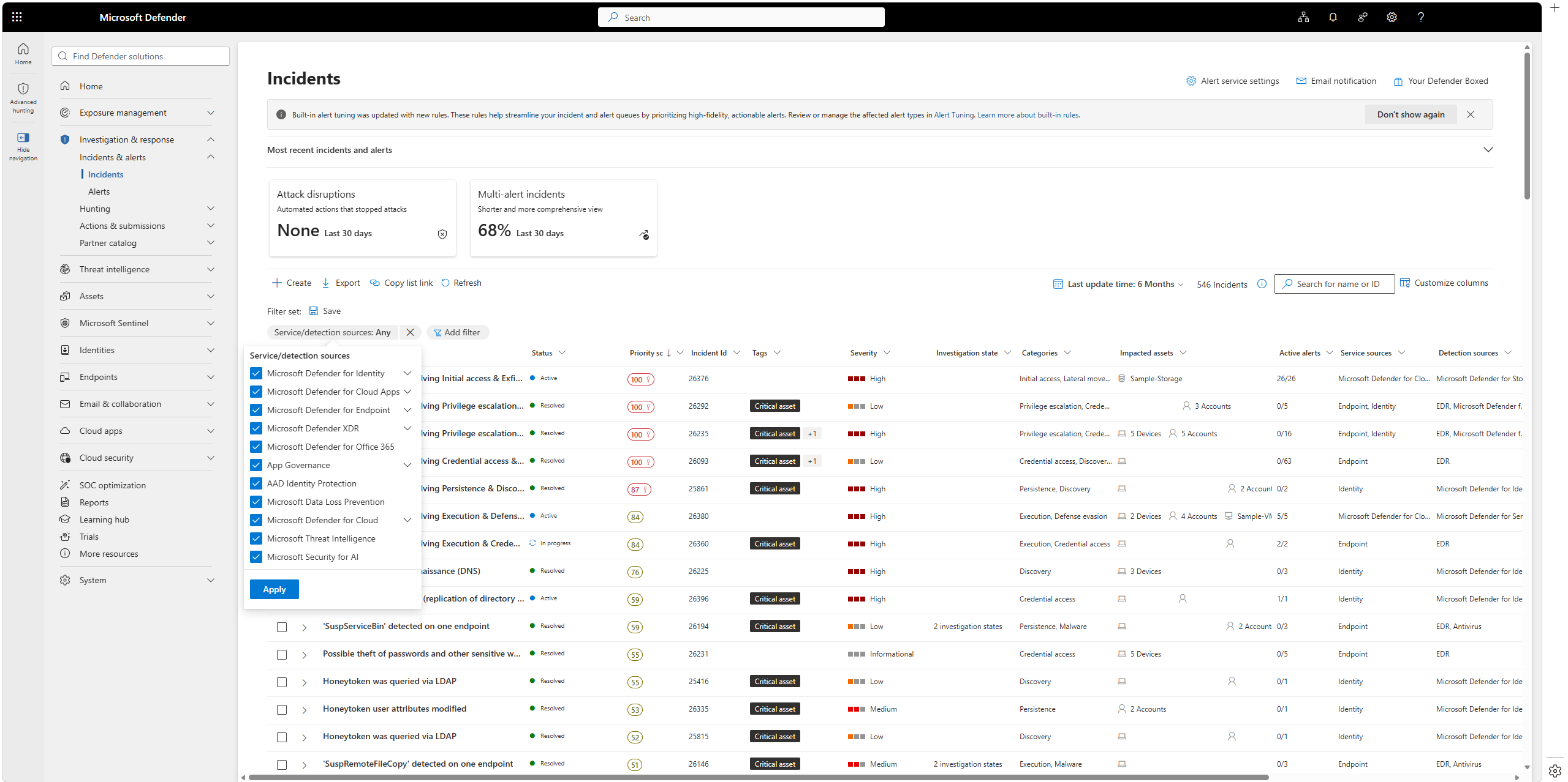 The unified Incidents queue in the Microsoft Defender portal, showing incident rows with severity, the Service sources column identifying which Defender workload raised each alert, and investigation status