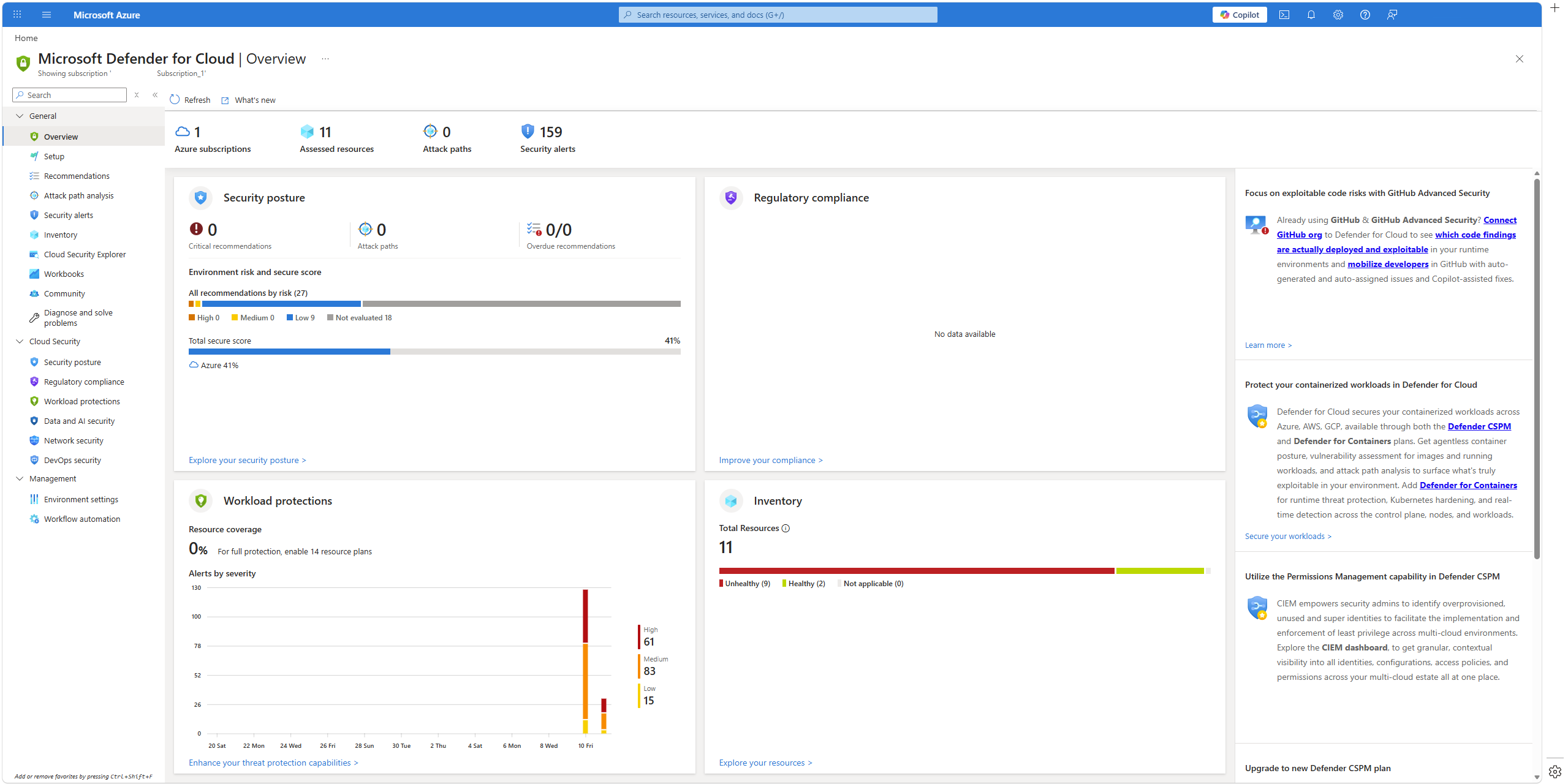 Microsoft Defender for Cloud overview dashboard in the Azure portal showing secure score, recommendations and security alerts