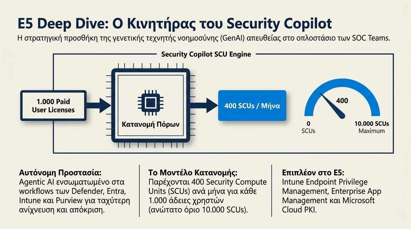 Διάγραμμα του κινητήρα SCU του Security Copilot που δείχνει 1.000 επί πληρωμή άδειες χρηστών να κατανέμονται μέσω ενός μηχανισμού κατανομής πόρων σε 400 Security Compute Units τον μήνα, με μετρητή που δείχνει εύρος από 0 έως ανώτατο όριο 10.000 SCU