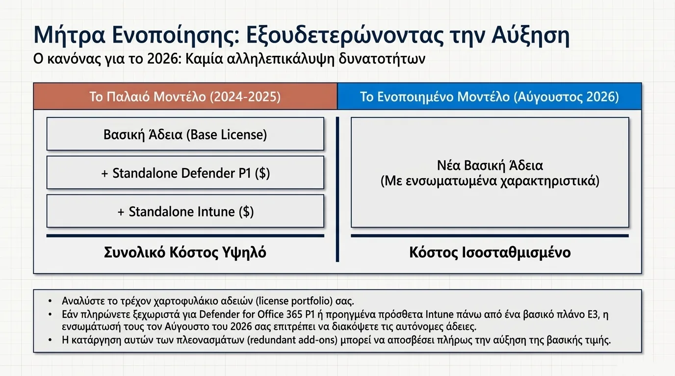 Πίνακας σύγκρισης που δείχνει το παλιό μοντέλο αδειοδότησης Microsoft 365 2024-2025 με βασική άδεια συν αυτόνομο Defender for Office 365 Plan 1 και αυτόνομο Intune ως ξεχωριστά επί πληρωμή πρόσθετα που καταλήγουν σε υψηλό συνολικό κόστος, έναντι του ενοποιημένου μοντέλου Αυγούστου 2026 με νέα βασική άδεια και ενσωματωμένα χαρακτηριστικά που καταλήγουν σε ισοσταθμισμένο κόστος