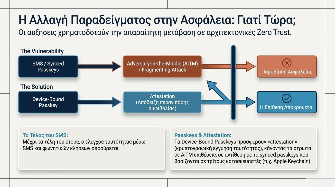 Διάγραμμα που αντιπαραβάλλει δύο διαδρομές αυθεντικοποίησης: SMS και synced passkeys ευάλωτα σε επιθέσεις adversary-in-the-middle και fragmenting που οδηγούν σε παραβίαση ασφαλείας, έναντι device-bound passkeys με κρυπτογραφική attestation που αποκρούουν την ίδια επίθεση
