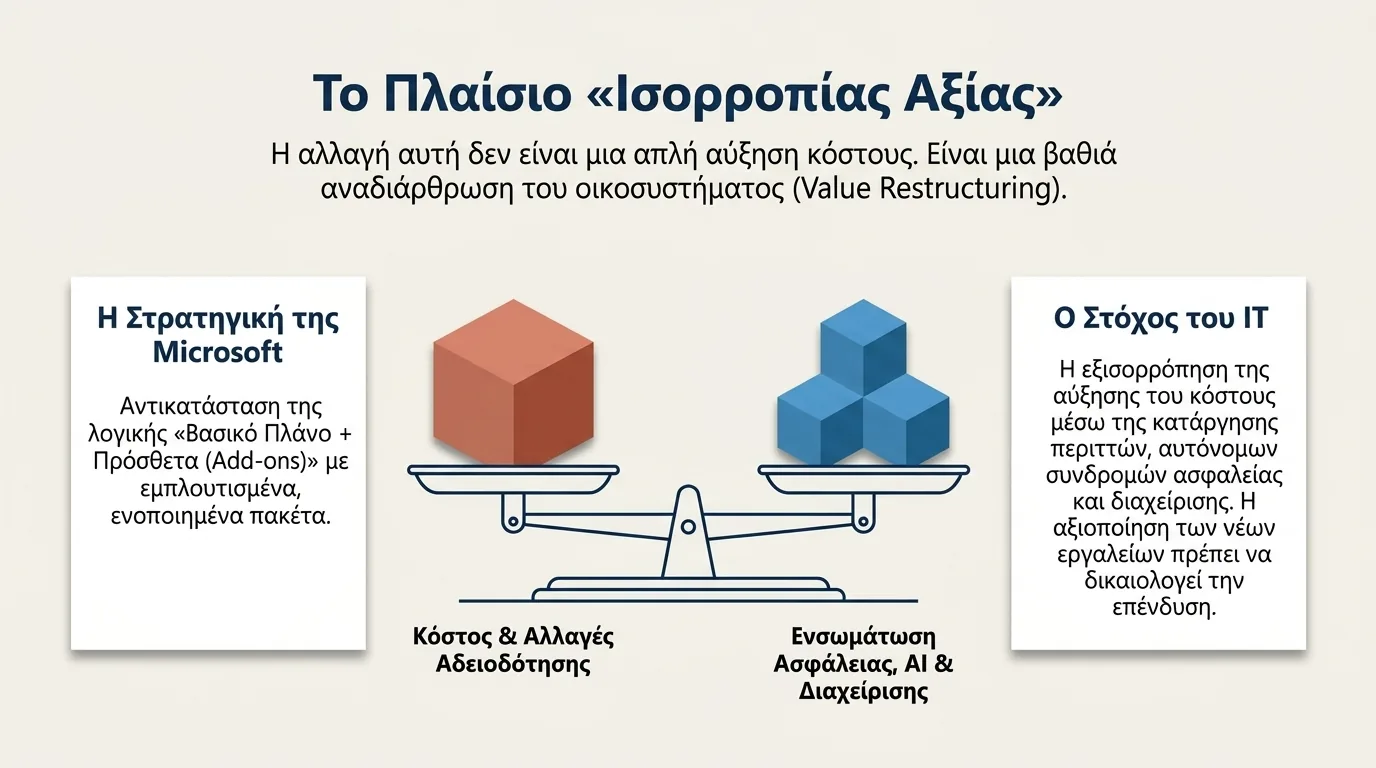 Διάγραμμα ζυγαριάς ισορροπίας που απεικονίζει το πλαίσιο αναδιάρθρωσης αξίας της Microsoft για το 2026: στη μία πλευρά το κόστος και οι αλλαγές αδειοδότησης, στην άλλη η ενσωμάτωση ασφάλειας, AI και διαχείρισης, αναπαριστώντας τον συμβιβασμό που πρέπει να μοντελοποιήσουν τα τμήματα IT στην ανανέωση