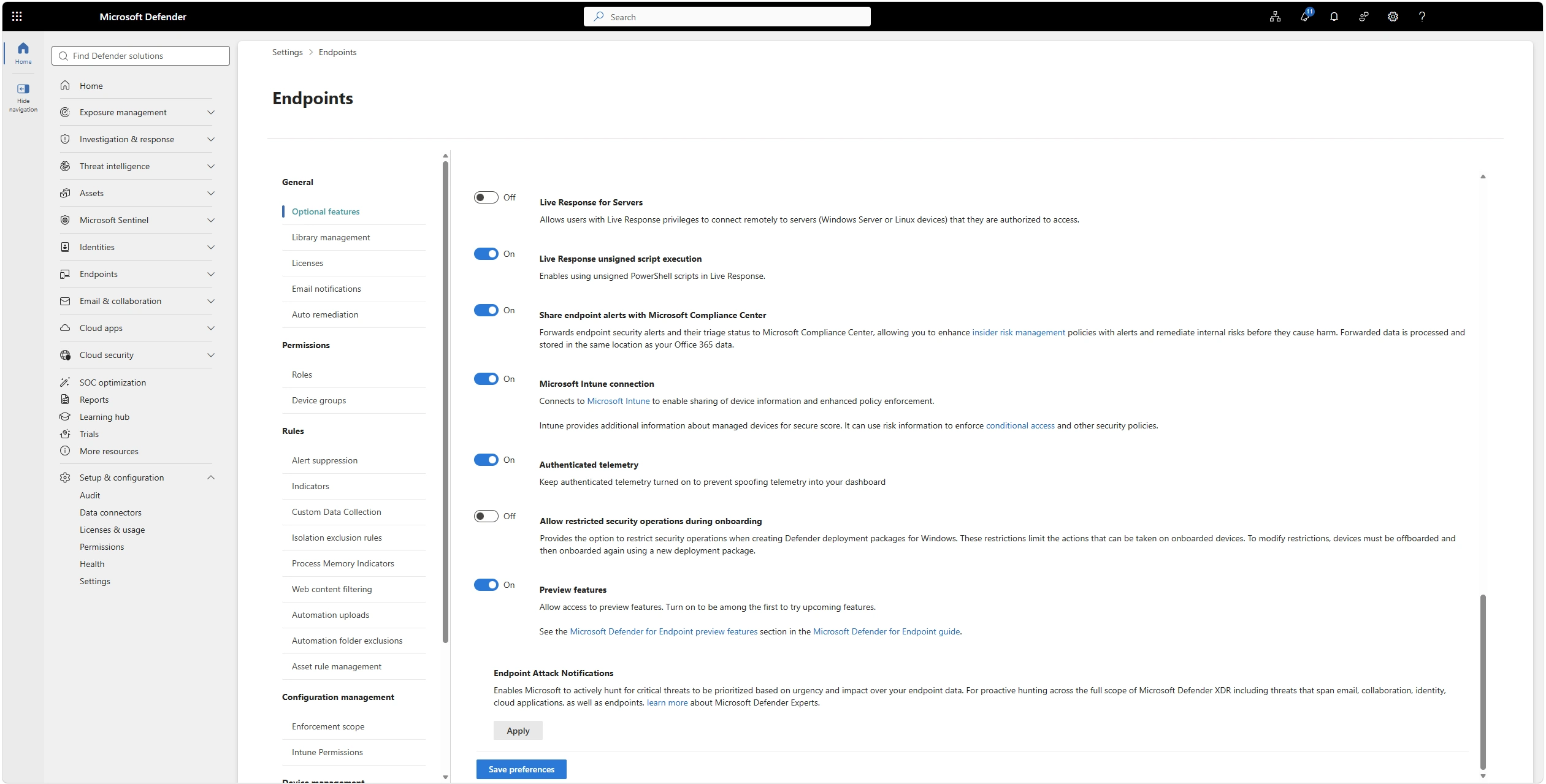 Ο διακόπτης Microsoft Intune connection στο Defender portal
