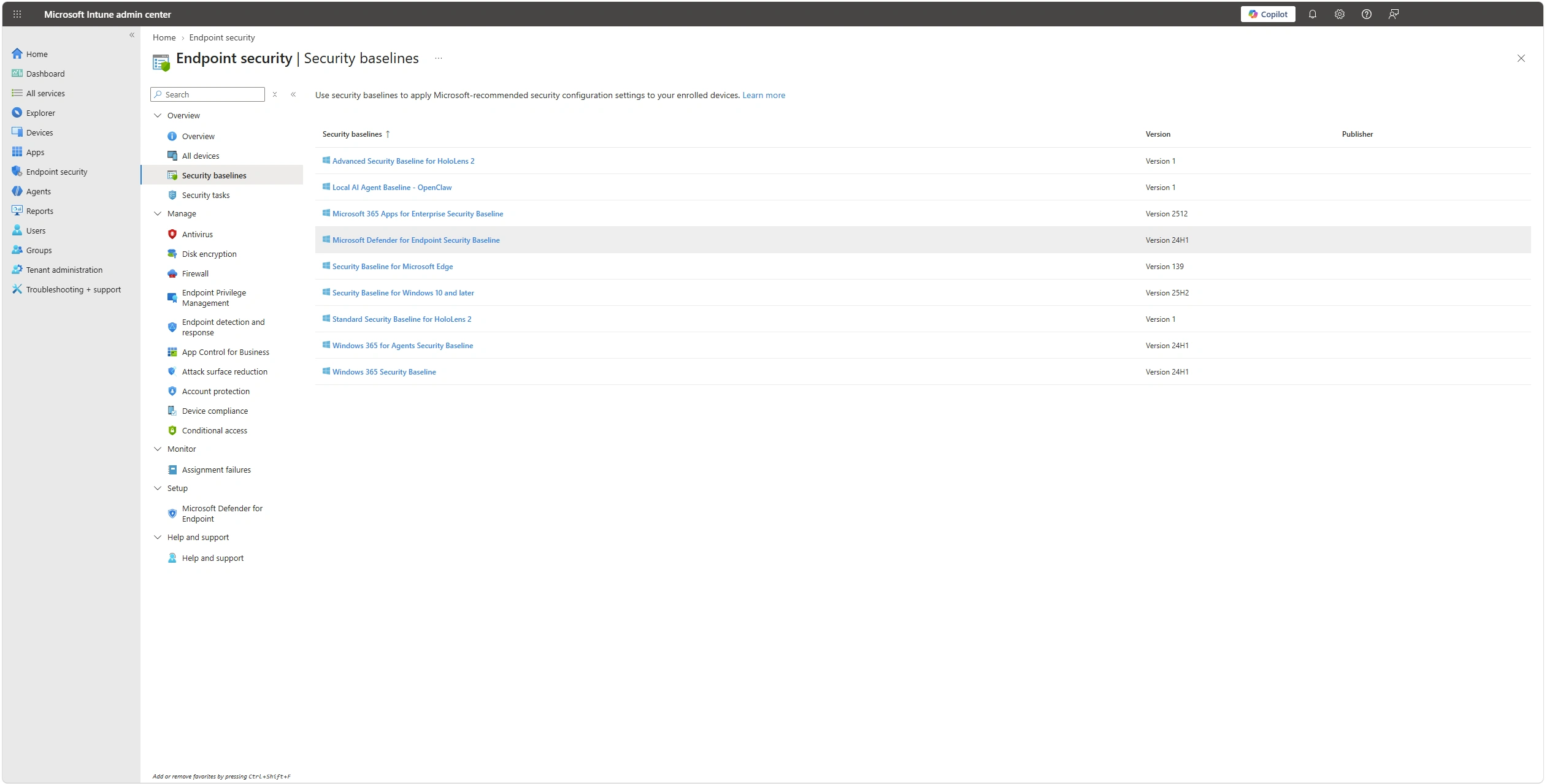 Το Microsoft Defender for Endpoint security baseline στο Intune
