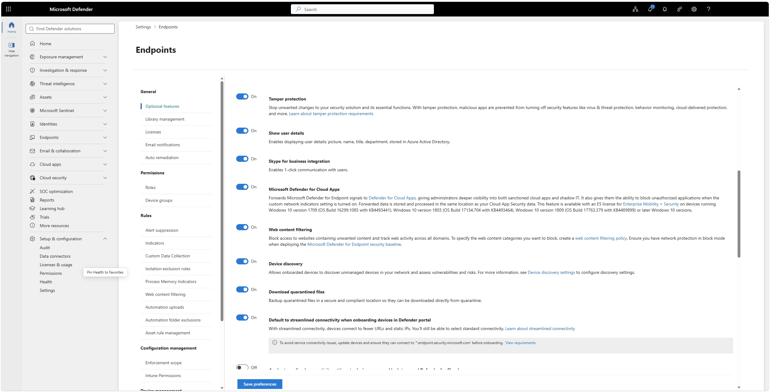 Ο διακόπτης Tamper protection στο Defender portal