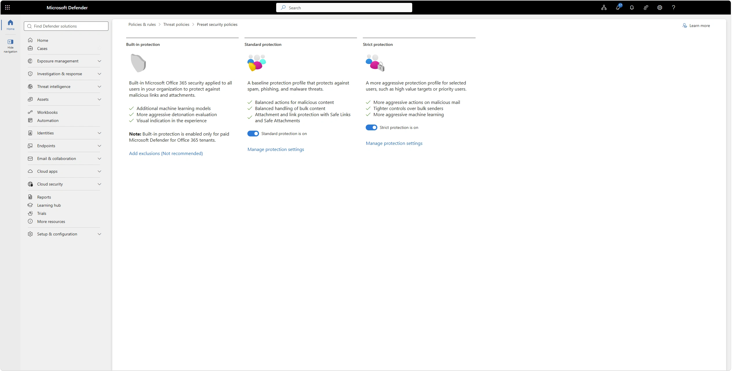Οι preset security policies Standard και Strict στο Defender portal