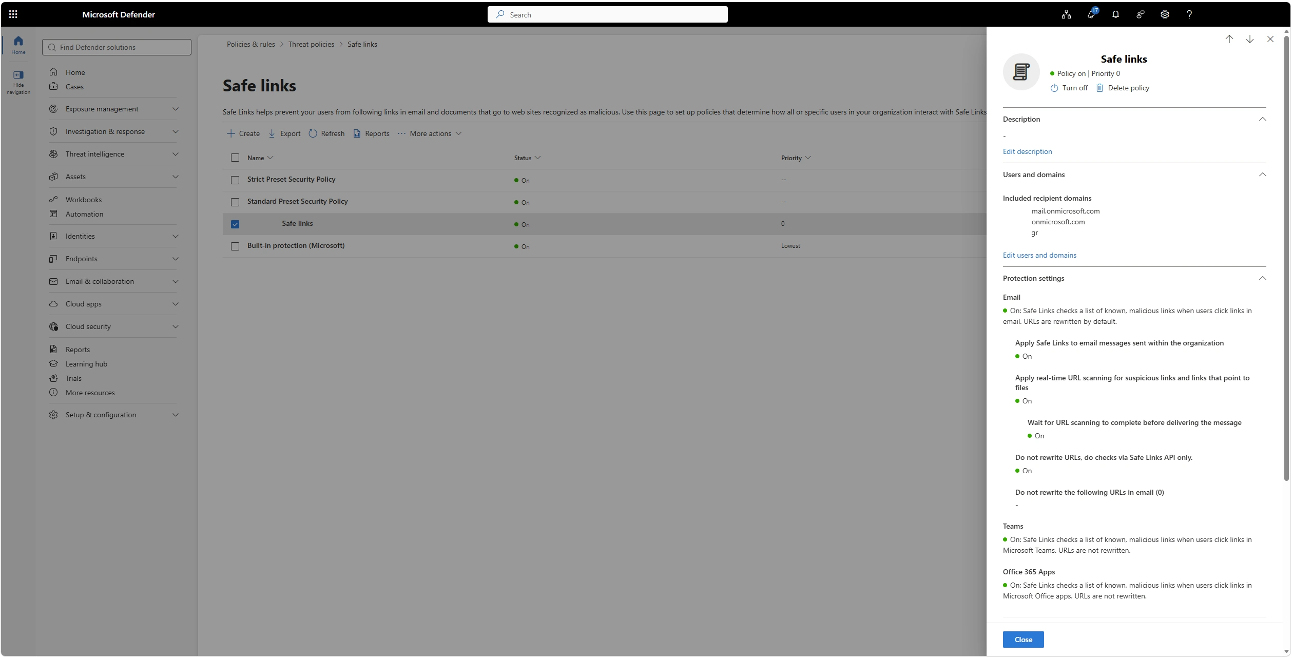 Ρυθμίσεις Safe Links policy στο Defender portal