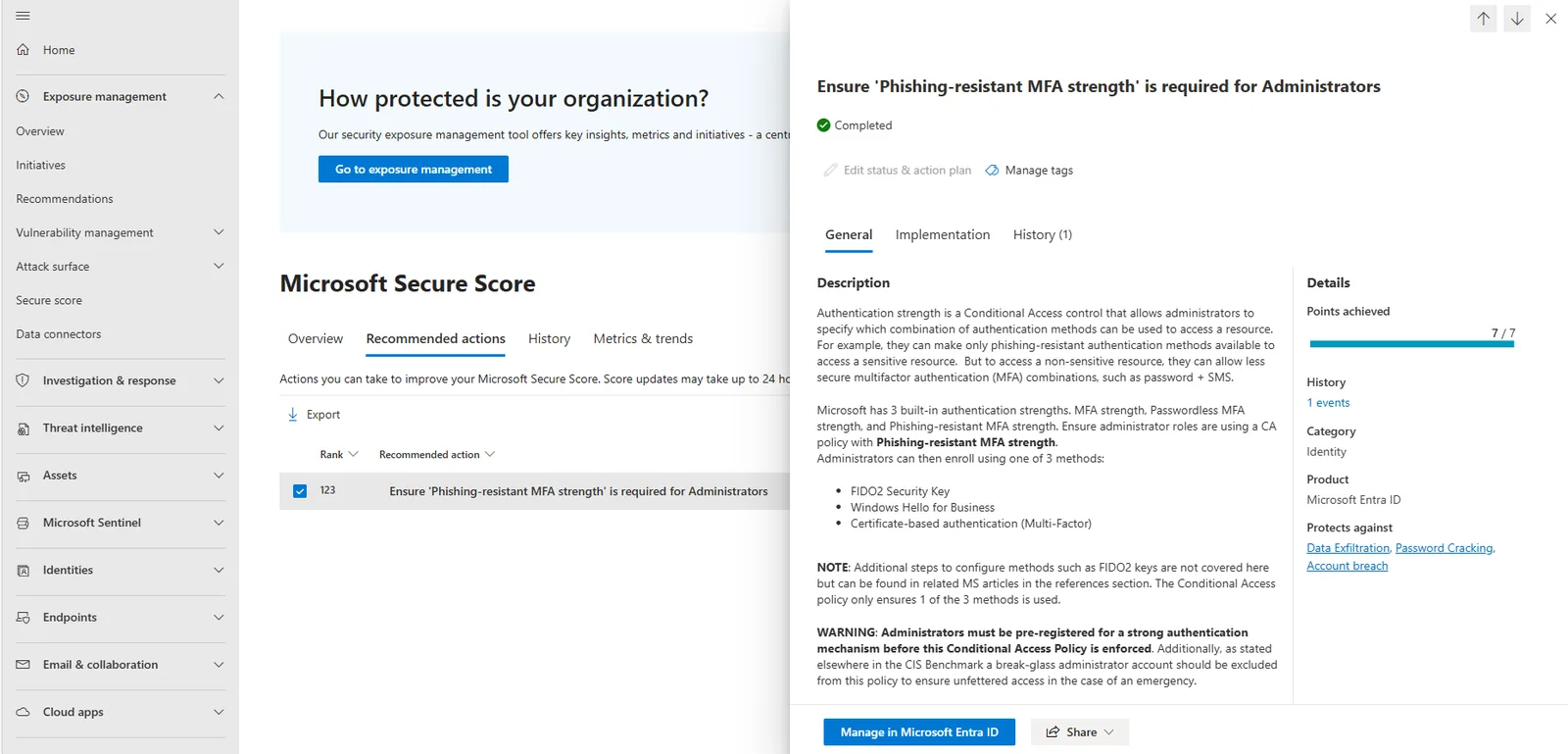 Recommendation του Microsoft Secure Score για phishing-resistant MFA strength στους administrators, σε ανεπτυγμένη προβολή