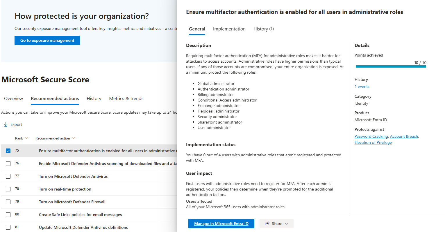 Microsoft Secure Score recommendation details pane showing all fields title description implementation status and score impact