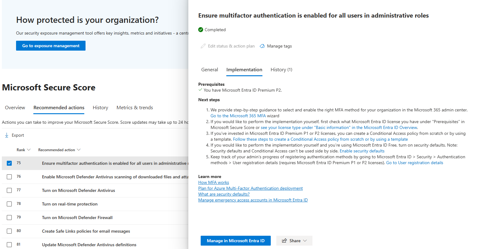 Microsoft Secure Score Implementation tab with step-by-step remediation instructions