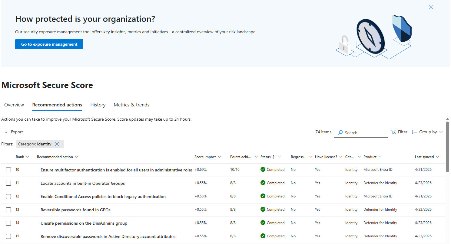 Filtering Microsoft Secure Score Recommended actions by Identity category for focused prioritisation