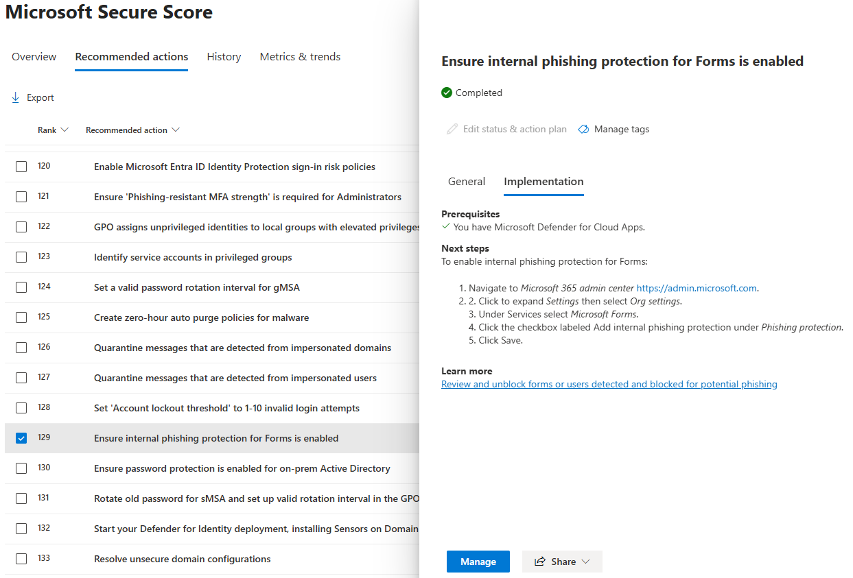 Tracing a Microsoft Secure Score recommendation back to Microsoft Entra ID source product