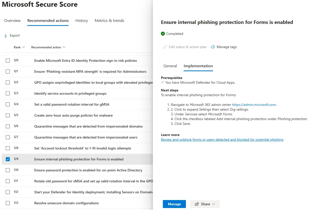Η καρτέλα Implementation ενός recommendation του Microsoft Secure Score που δείχνει το προϊόν και την οθόνη της ρύθμισης