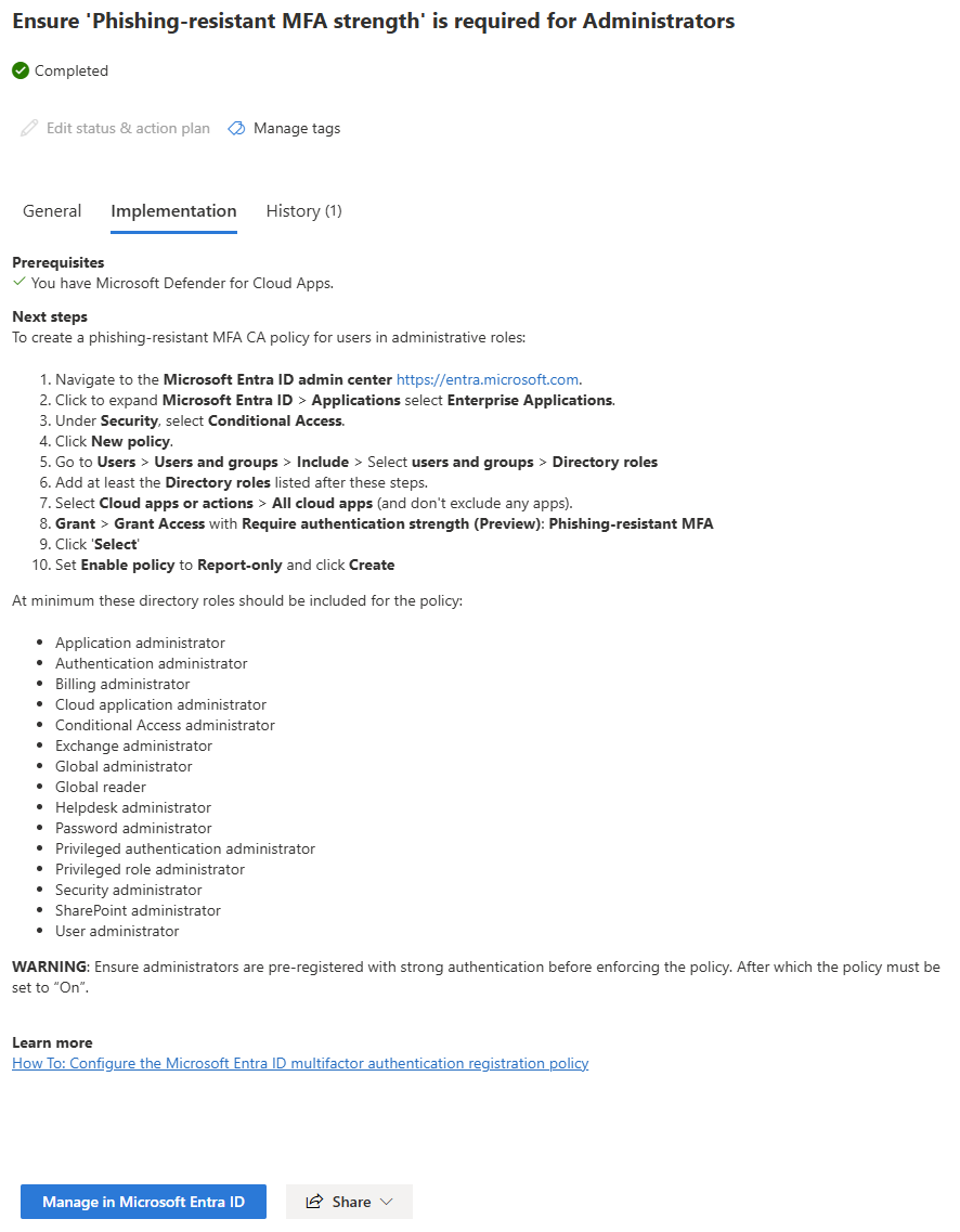 Microsoft Secure Score recommendation Implementation tab showing step-by-step configuration guide and user impact analysis