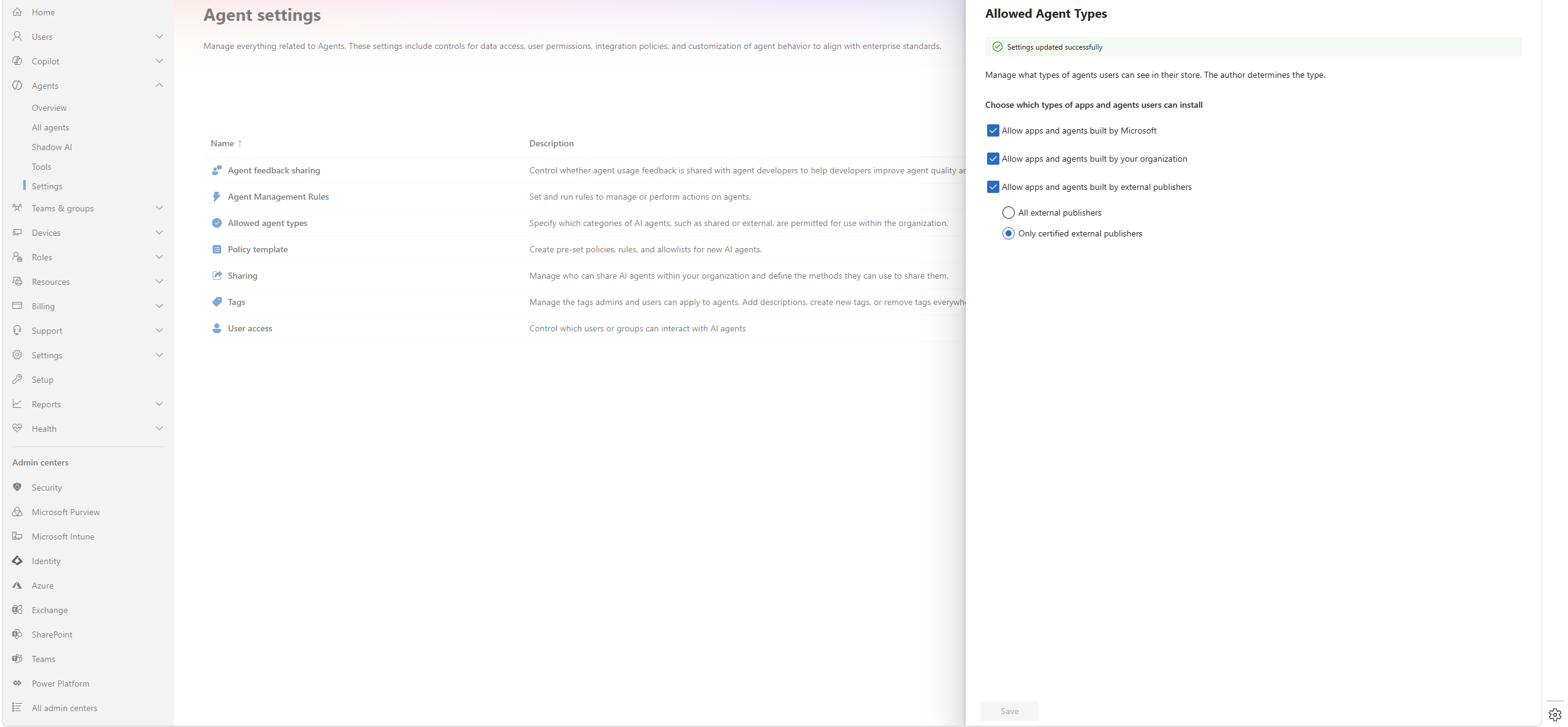 Allowed Agent Types ρύθμιση στο Microsoft 365 admin center με επιλεγμένο Only certified external publishers