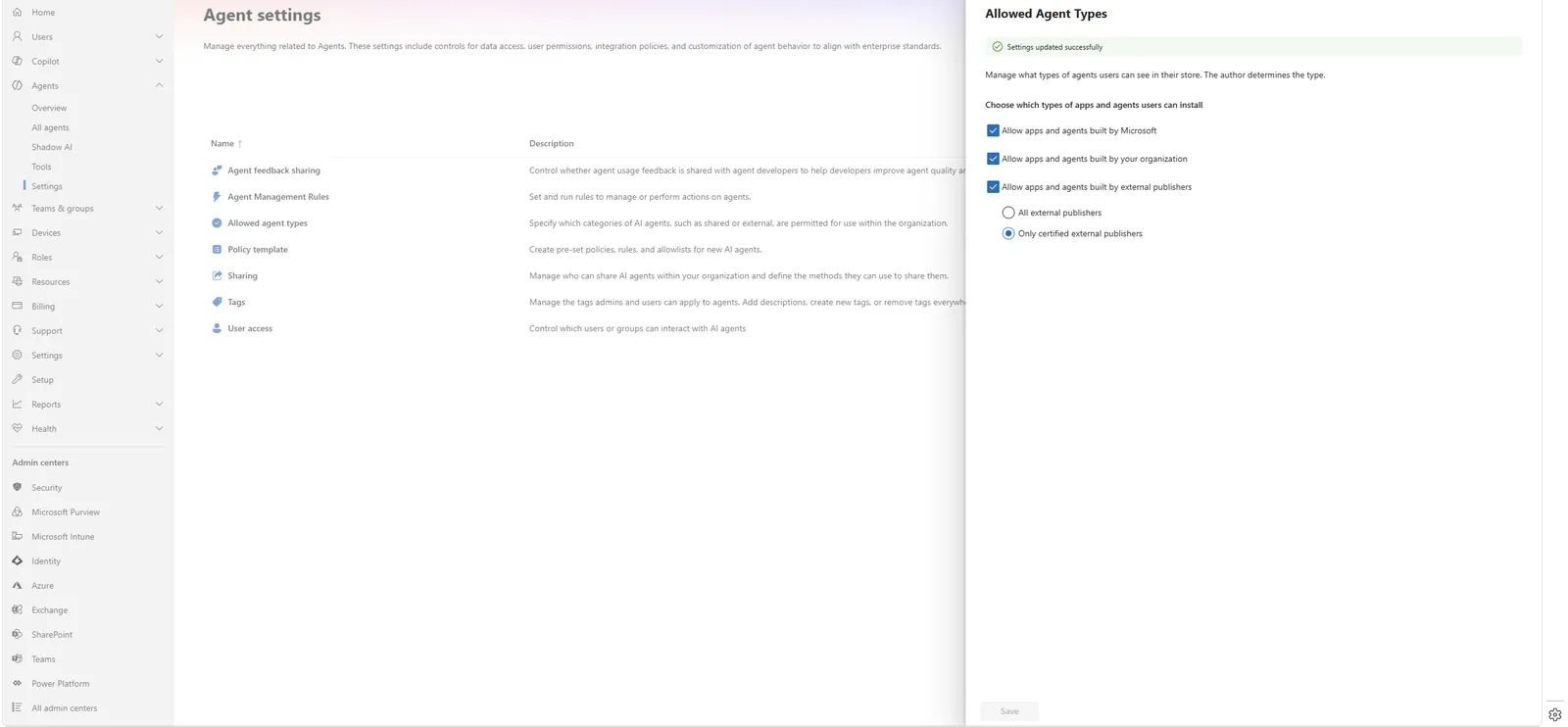 Allowed Agent Types ρύθμιση στο Microsoft 365 admin center με επιλεγμένο Only certified external publishers