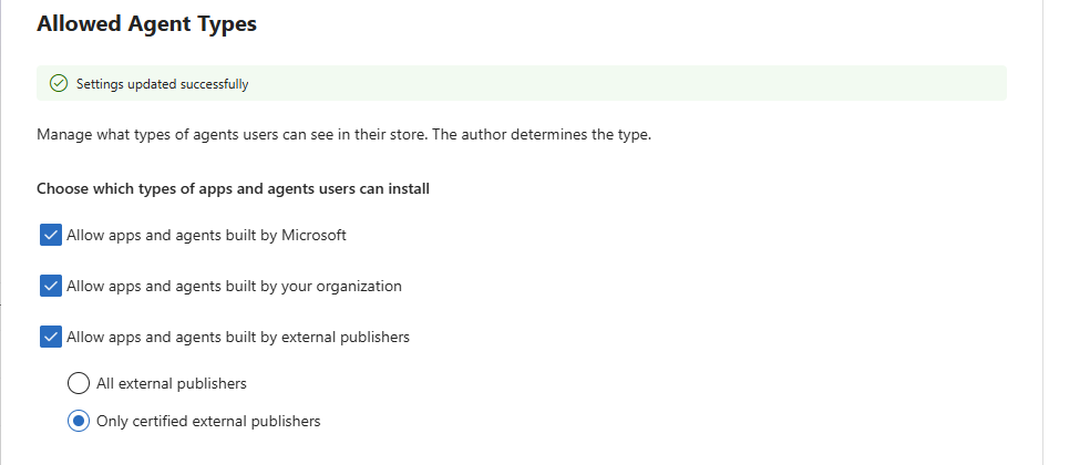 Close-up του Allowed Agent Types panel με επιλεγμένο Only certified external publishers