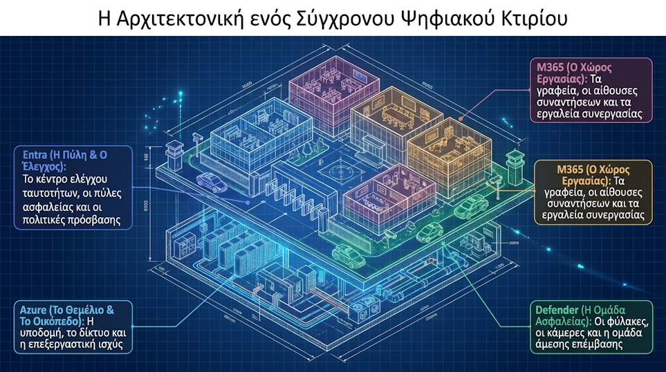 Η Αρχιτεκτονική ενός Σύγχρονου Ψηφιακού Κτιρίου - Azure ως θεμέλιο, Entra ως πύλη και έλεγχος, M365 ως χώρος εργασίας, Defender ως ομάδα ασφαλείας