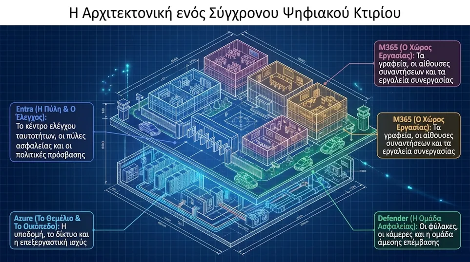 Η Αρχιτεκτονική ενός Σύγχρονου Ψηφιακού Κτιρίου - Azure ως θεμέλιο, Entra ως πύλη και έλεγχος, M365 ως χώρος εργασίας, Defender ως ομάδα ασφαλείας