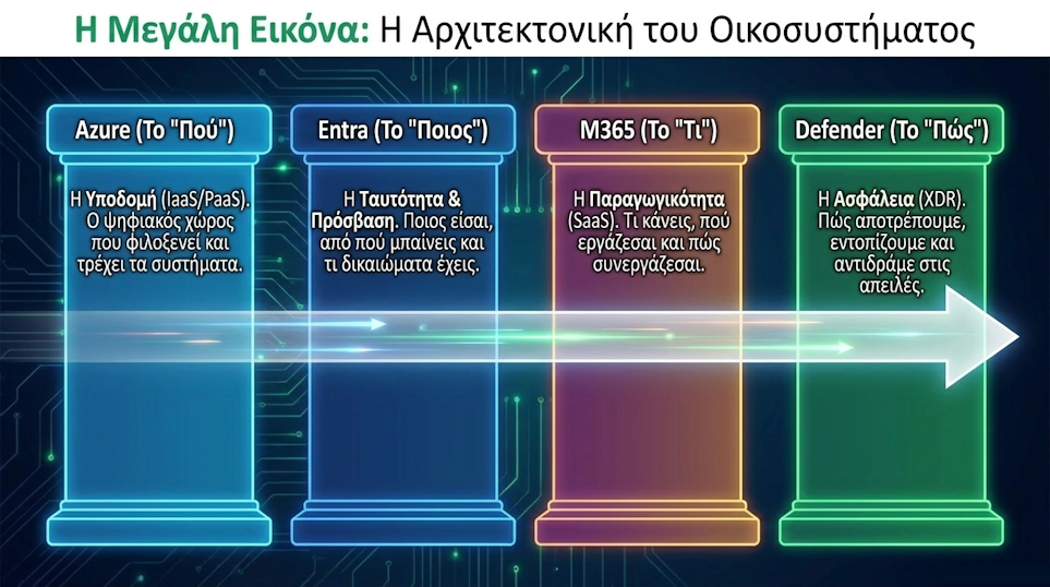 Η Μεγάλη Εικόνα: Η Αρχιτεκτονική του Οικοσυστήματος - Azure το πού, Entra το ποιος, M365 το τι, Defender το πώς