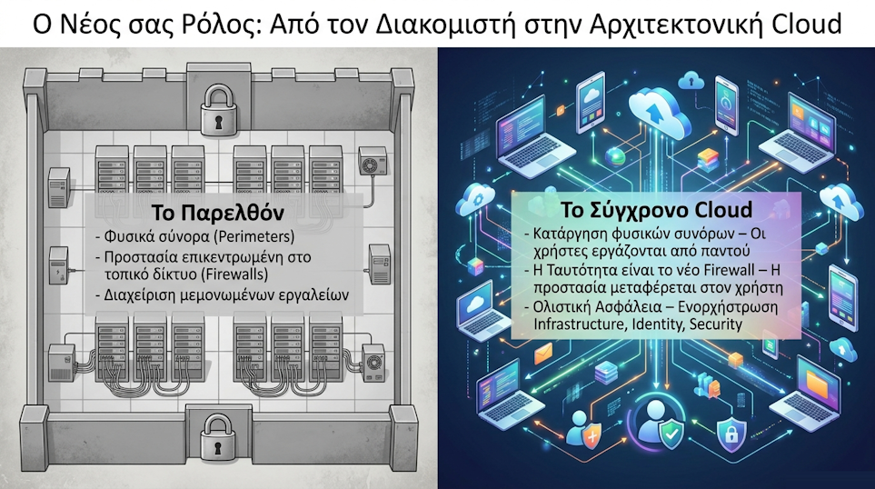 Ο Νέος σας Ρόλος: Από τον Διακομιστή στην Αρχιτεκτονική Cloud - σύγκριση παλιού perimeter μοντέλου με σύγχρονο cloud μοντέλο