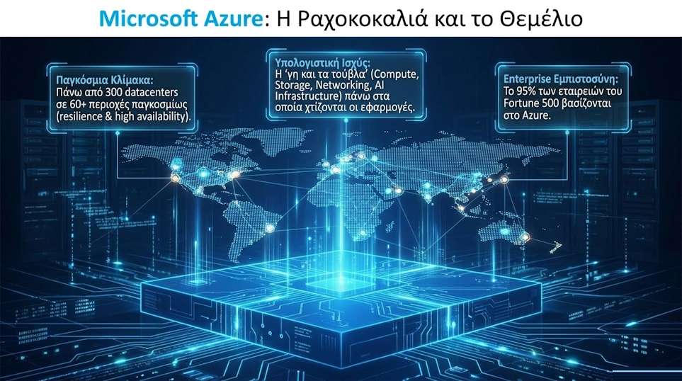 Microsoft Azure: Η Ραχοκοκαλιά και το Θεμέλιο - παγκόσμια κλίμακα datacenters, υπολογιστική ισχύς, εμπιστοσύνη Fortune 500