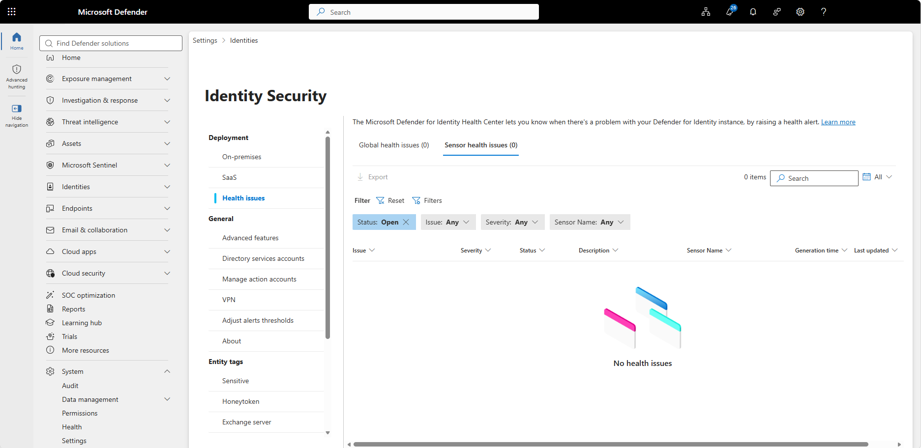 Sensor health issues tab στο Microsoft Defender portal, χωρίς κανένα καταγεγραμμένο issue (healthy baseline)