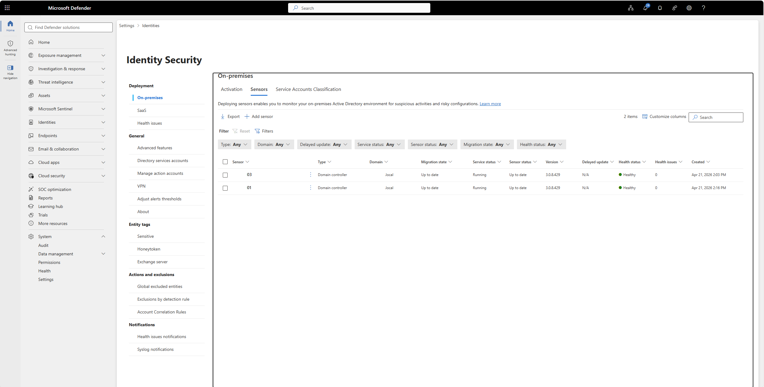 Microsoft Defender portal, ενότητα Identity Security Health issues