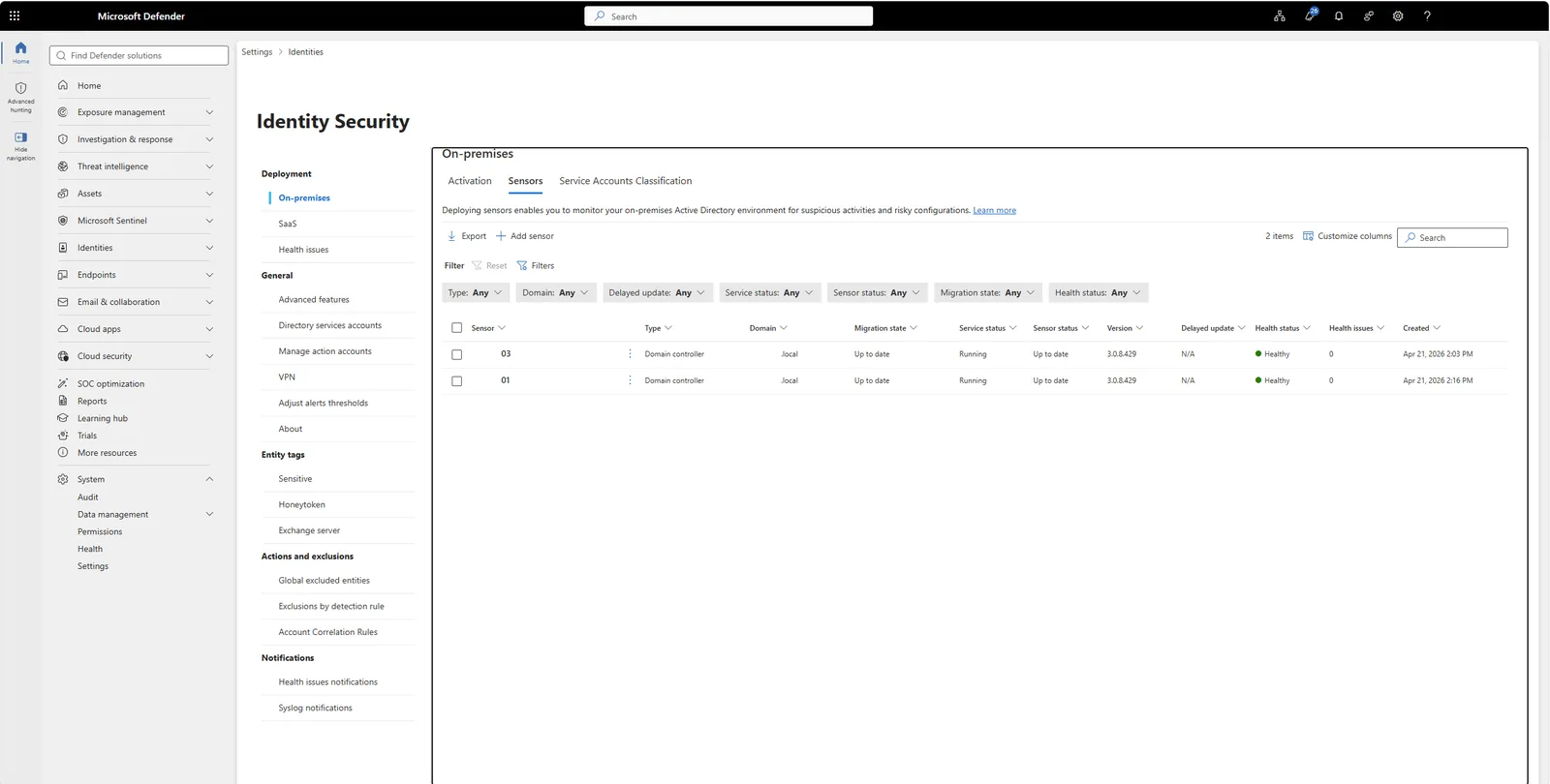 Microsoft Defender portal, ενότητα Identity Security Health issues