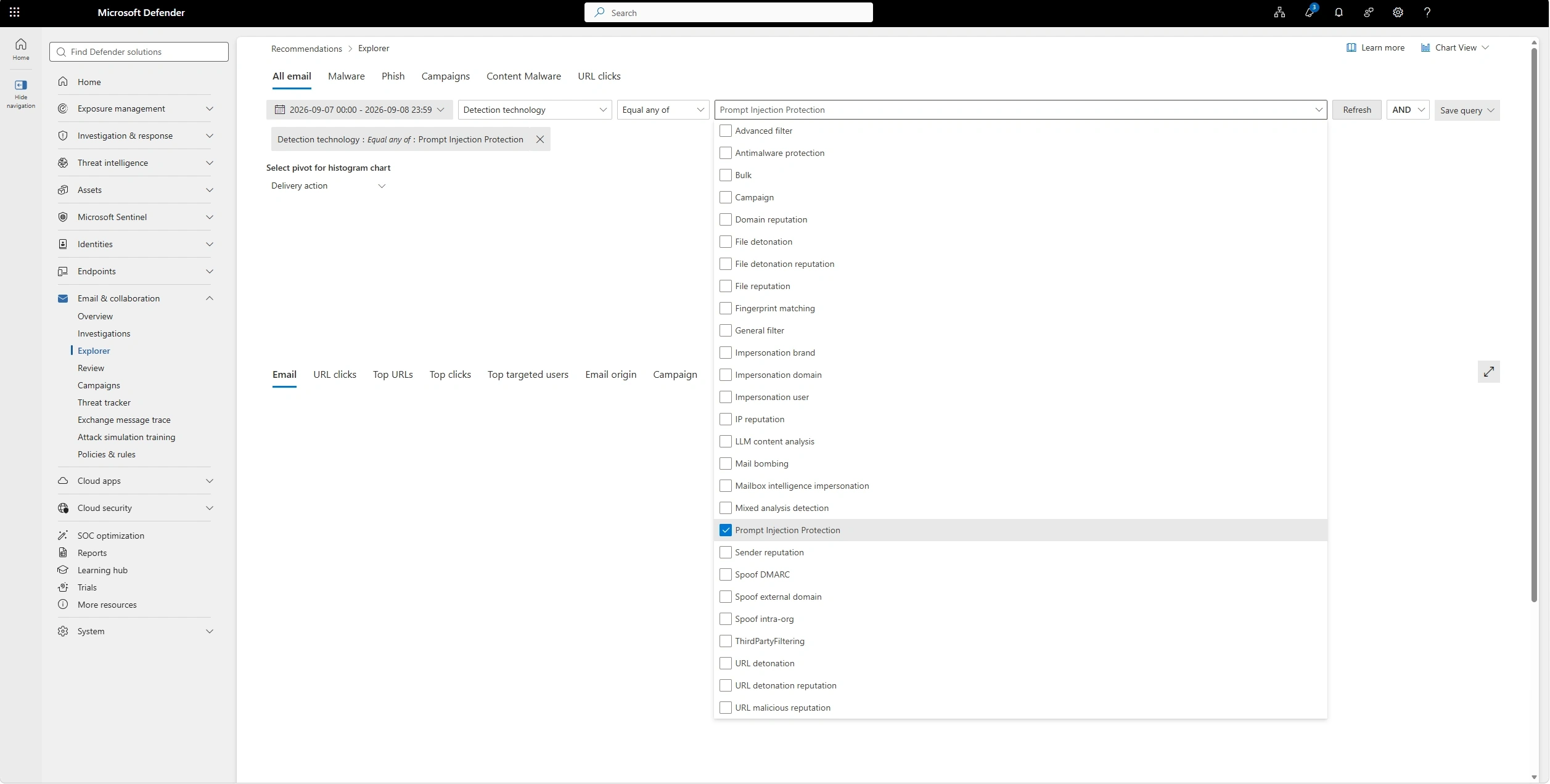 Microsoft Defender for Office 365 Prompt Injection Protection detection technology στο Explorer