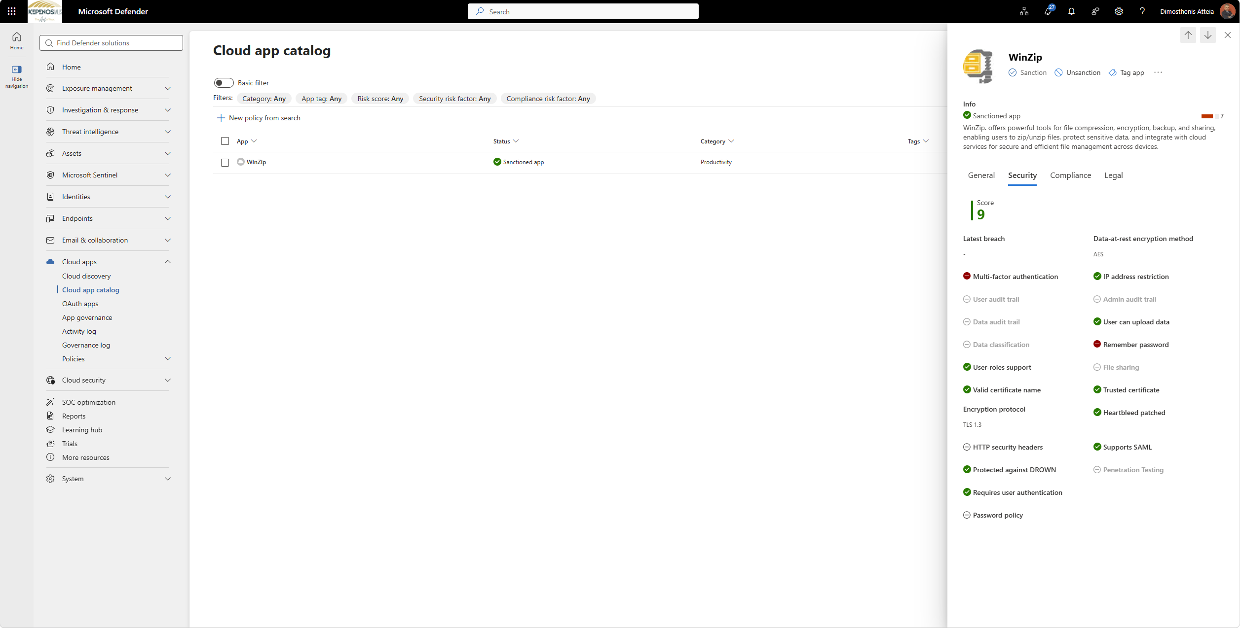 Risk scoring εφαρμογής στο Microsoft Defender for Cloud Apps με sub-scores security, compliance, legal