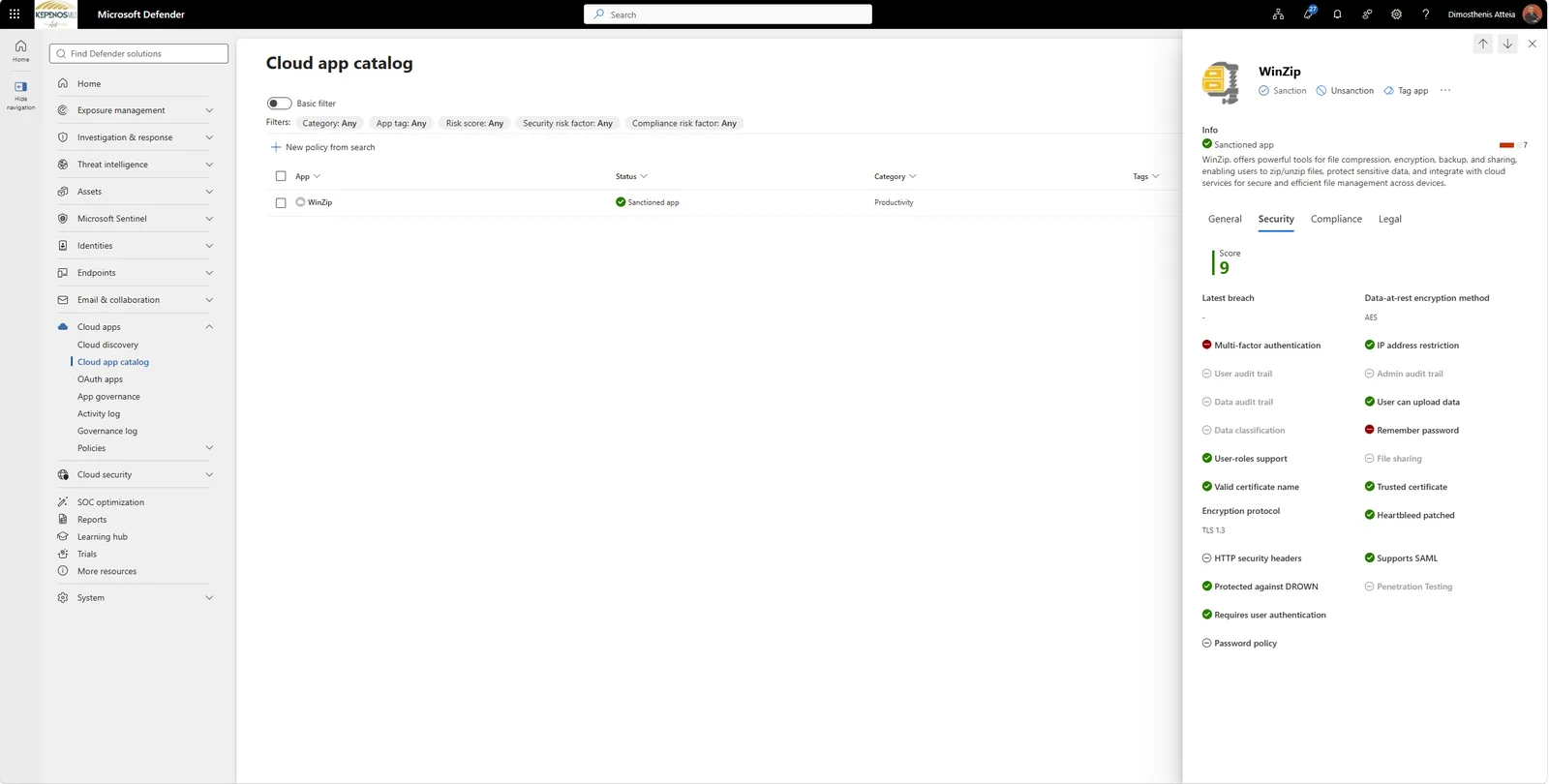 Risk scoring εφαρμογής στο Microsoft Defender for Cloud Apps με sub-scores security, compliance, legal