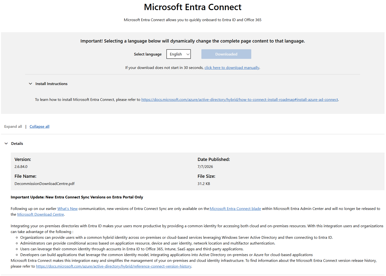 Σελίδα Download Center για Microsoft Entra Connect με ειδοποίηση ότι οι νέες εκδόσεις είναι διαθέσιμες μόνο μέσω Entra admin center