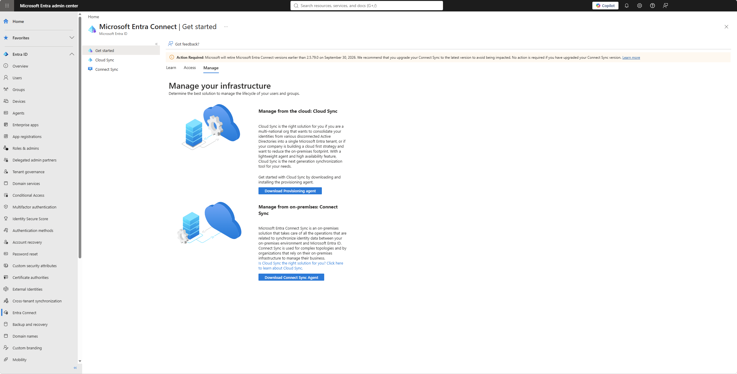 Microsoft Entra Connect Get started tab Manage με banner Action Required για retirement εκδόσεων πριν την 2.5.79.0 και κουμπί Download Connect Sync Agent