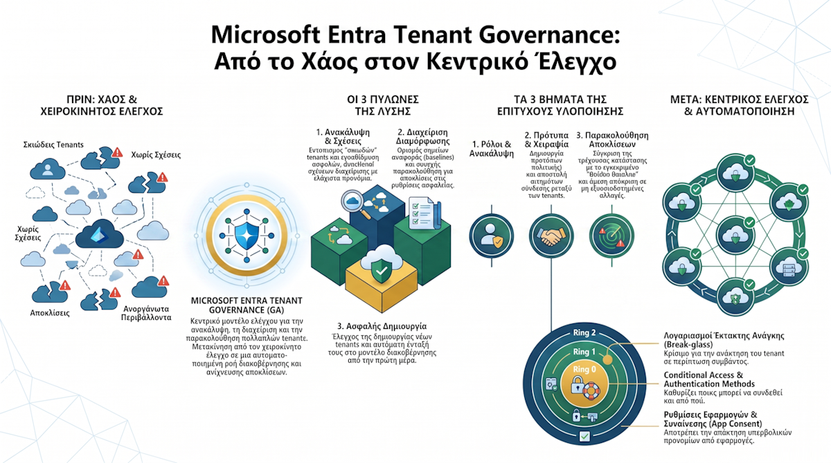 Infographic Microsoft Entra Tenant Governance: από το χάος πολλαπλών tenants στον κεντρικό έλεγχο