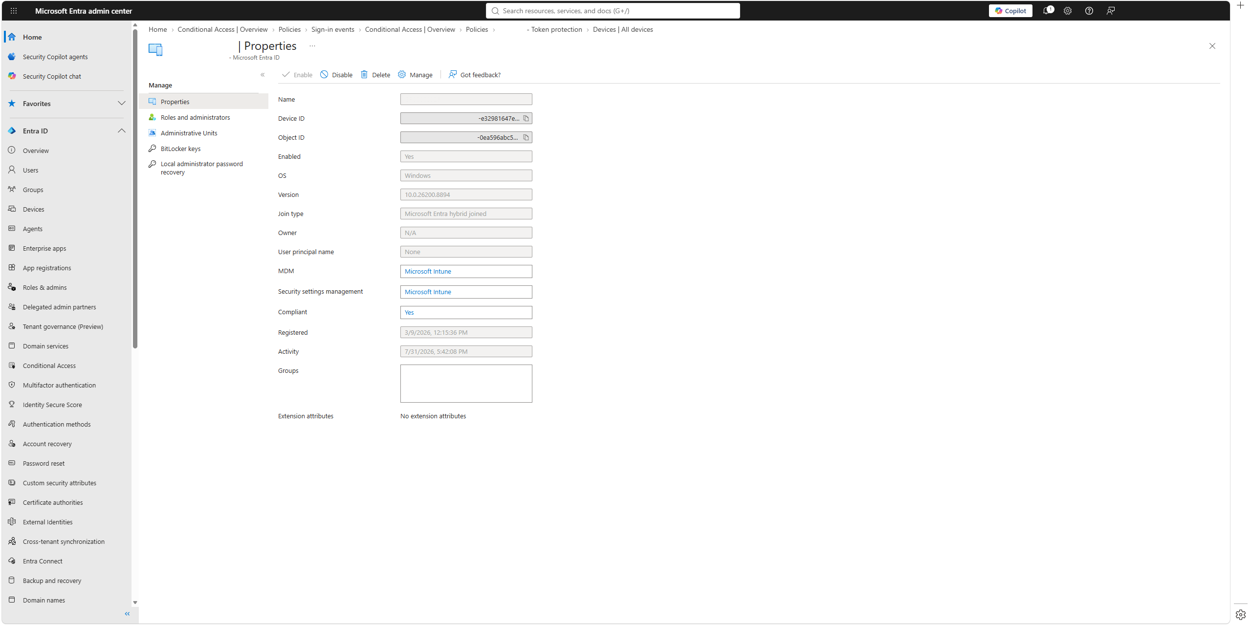 Entra device overview με Join type, MDM και Compliance status