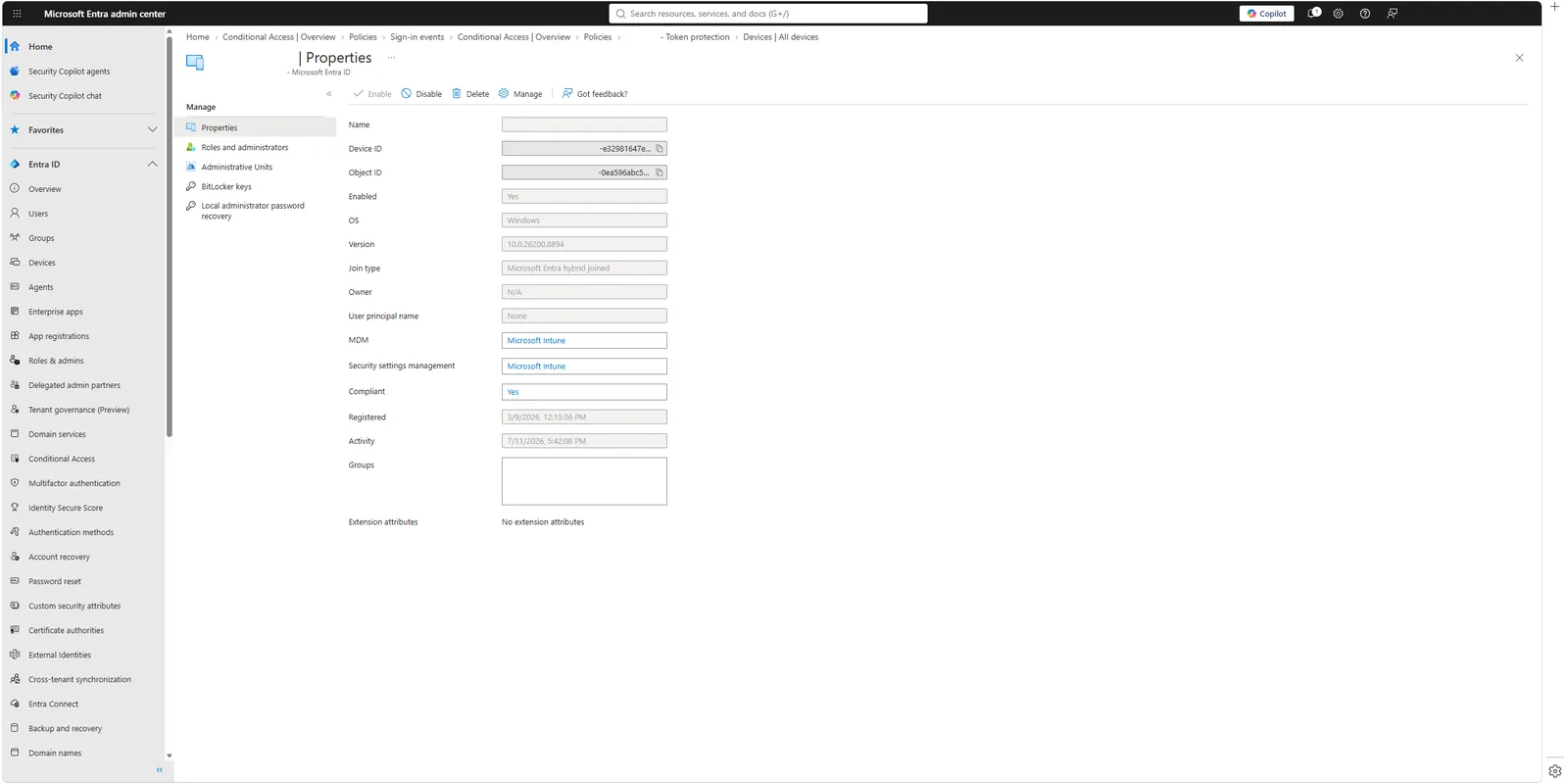 Entra device overview με Join type, MDM και Compliance status