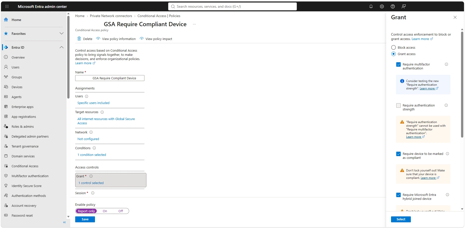 Conditional Access policy με Target resources All internet resources with Global Secure Access και grant controls MFA, compliant device, hybrid joined