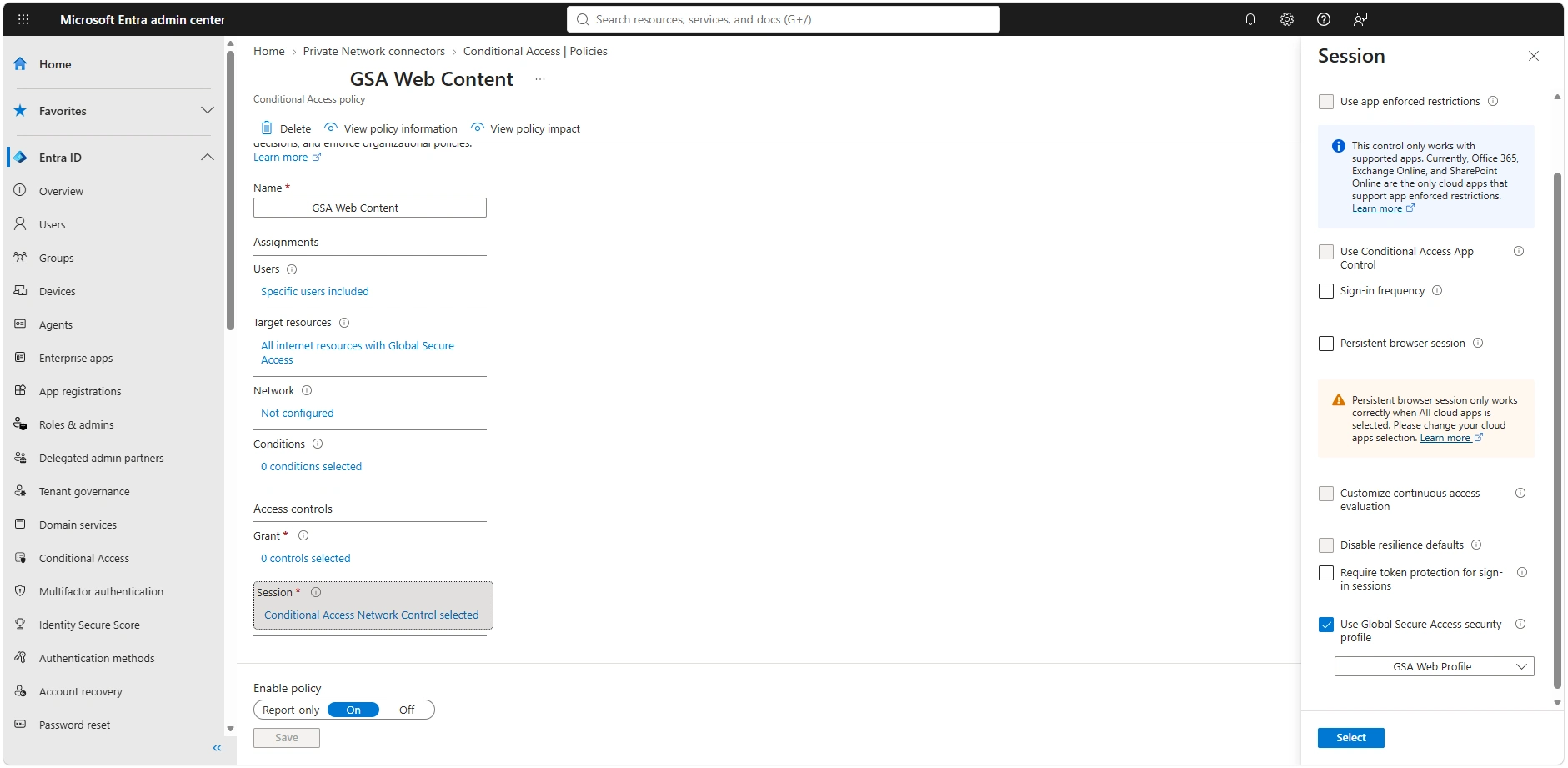 Conditional Access policy με Session control Use Global Secure Access security profile και επιλεγμένο security profile