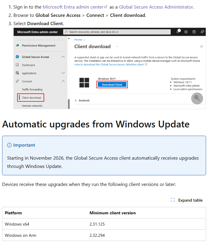 Πίνακας ελάχιστης έκδοσης Global Secure Access client για αυτόματα upgrades μέσω Windows Update